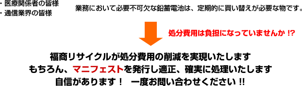 福商リサイクルが処分費用の削減を実現いたします　もちろん、マニフェストを発行し適正、確実に処理いたします　自信があります！　一度お問い合わせください！！